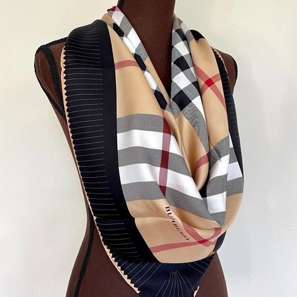 New Burberry Scarf Iconic Beige Check Black Border Silk Wrap - Picture 8 of 10